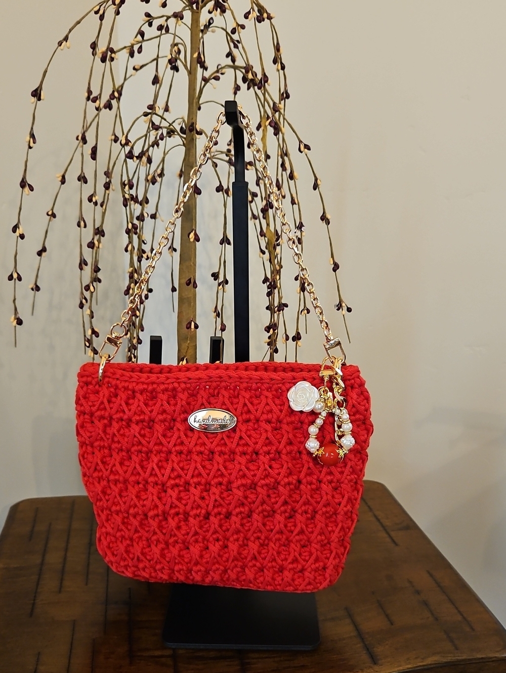 Hand Crocheted Red Crochet Chain-Handle Shoulder Bag